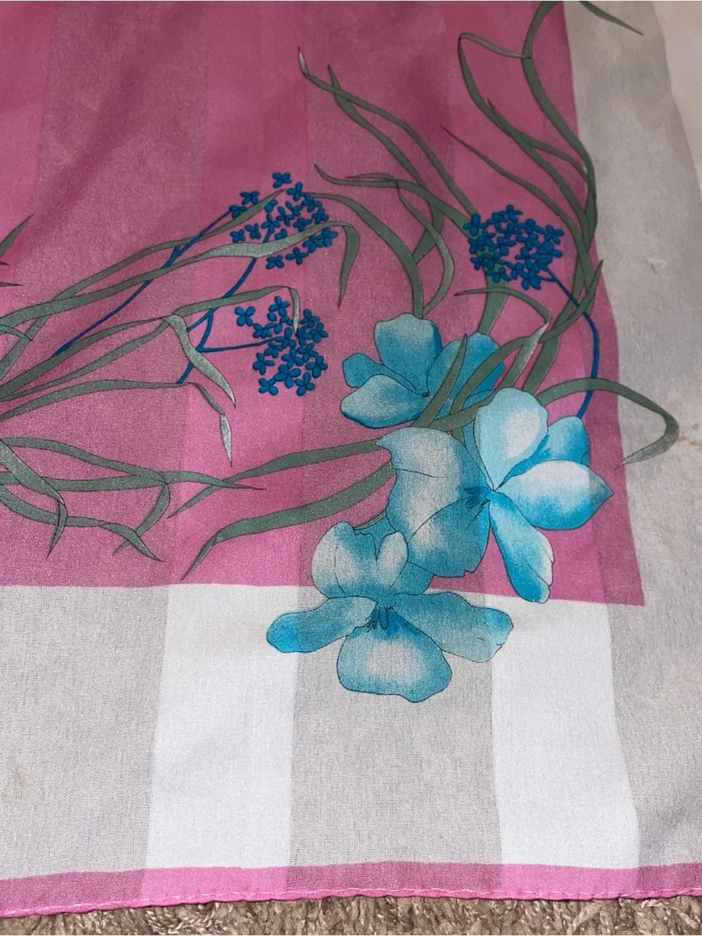 Floral Pink Silk-Feel Scarf with Blue Accents
